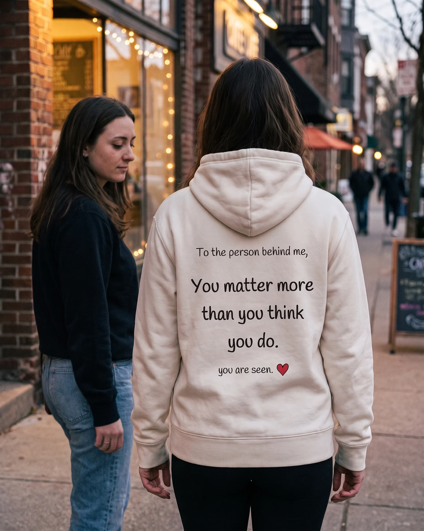 Someone standing just behind a wearer, eyes lowered, reading the message printed across the back of the hoodie