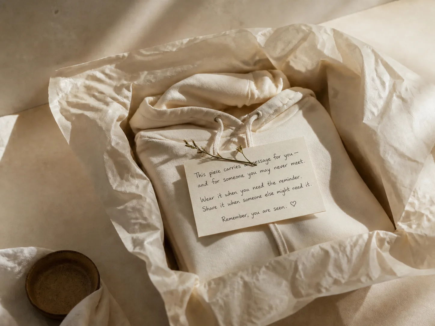 A folded hoodie wrapped in unbleached tissue paper with a small card on top