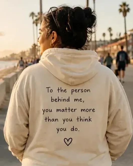 Person seen from behind in a bone hoodie with a printed message across the back